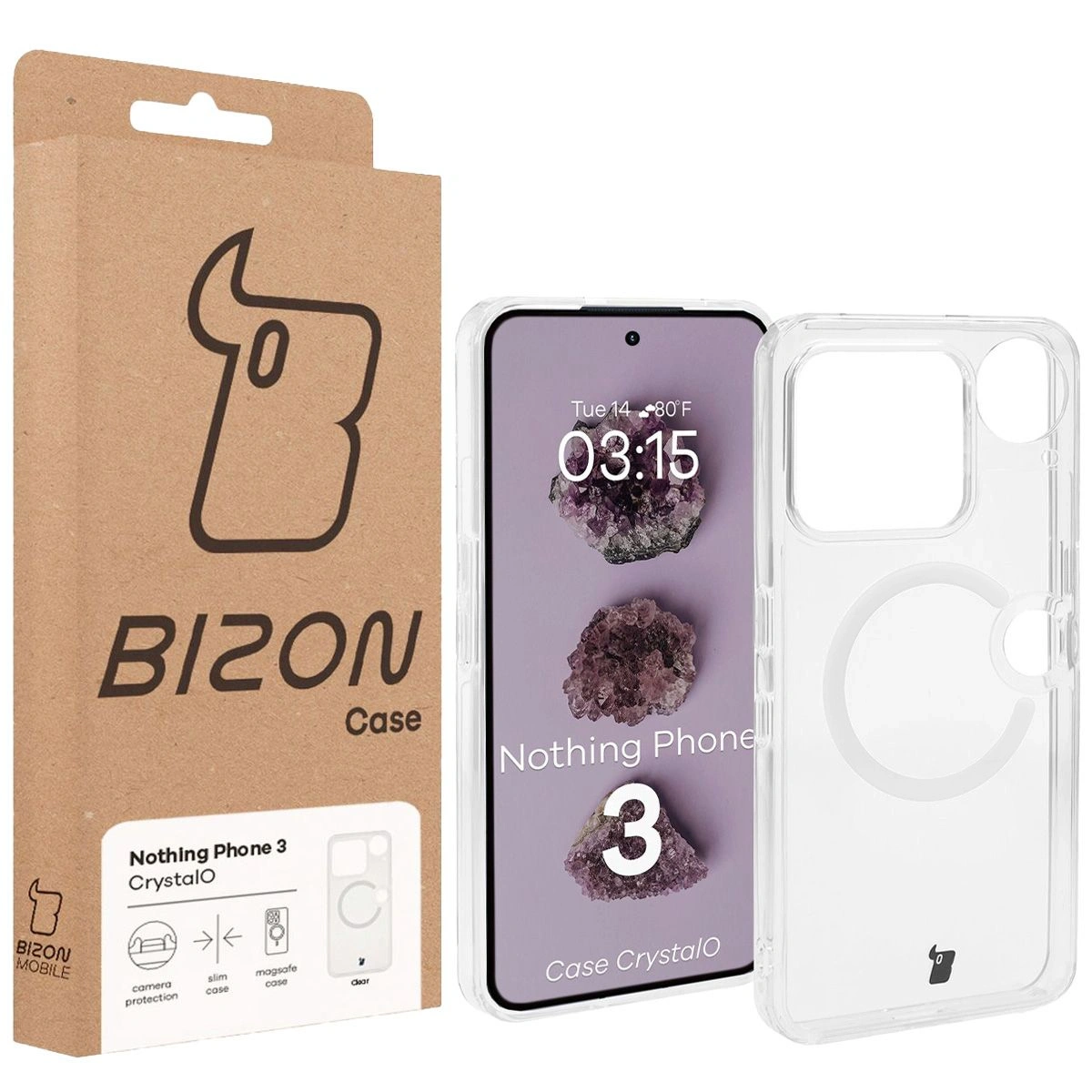Przód pudełka Bizon Case z dedykowaną etykietą do Nothing Phone (3)